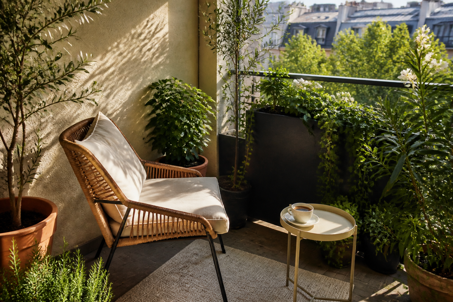 Saksı bitkileriyle çevrili, rattan koltuk ve kahve fincanı bulunan huzurlu bir balkon köşesi