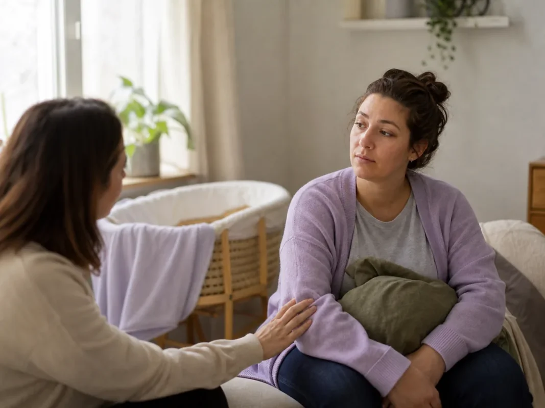 Doğum sonrası depresyon yaşayan anneye sakin biçimde duygusal destek veren yakını