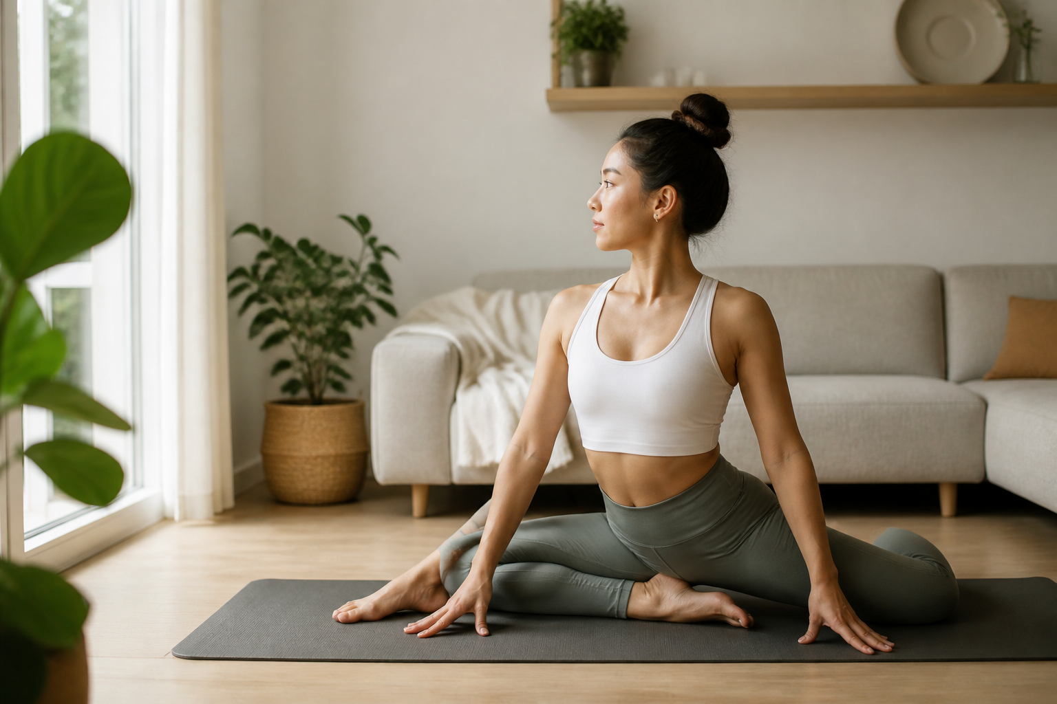 Aydınlık bir oturma odasında yoga matında esneme hareketi yapan bir kadın