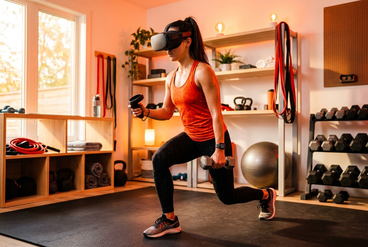 Evde VR gözlükle dijital fitness antrenmanı yapan bir kişi