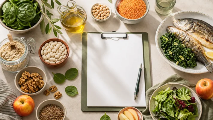 Kolesterol yönetimini destekleyen yulaf, baklagil, zeytinyağı, ceviz, sebze ve balık içeren sofra