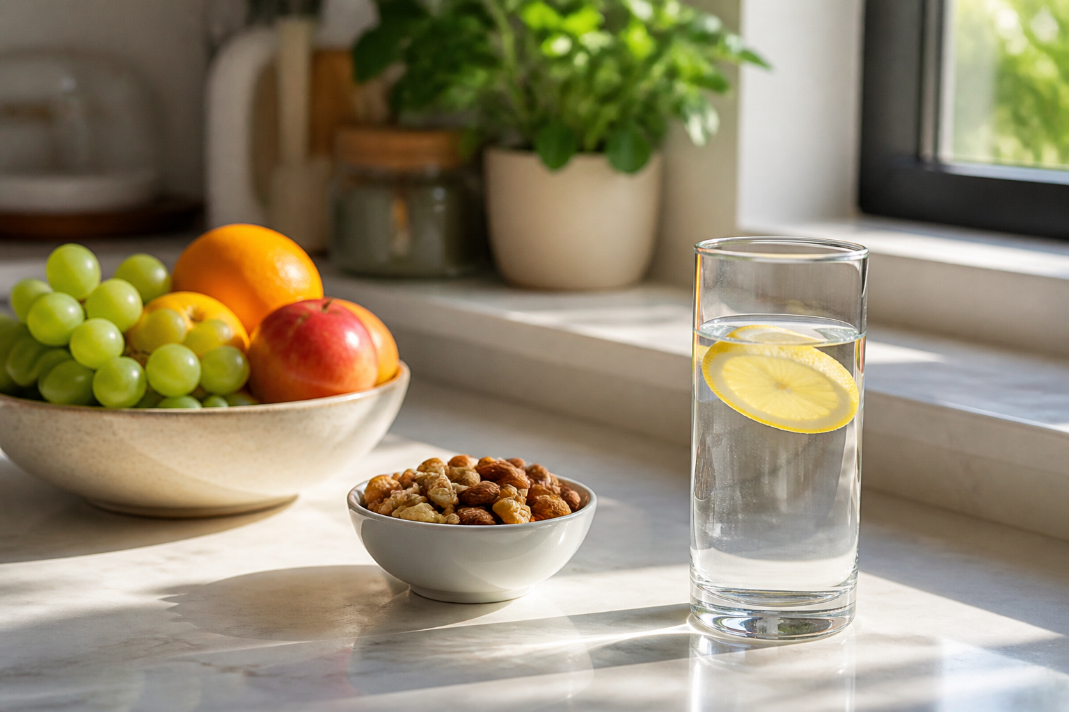 Aydınlık bir mutfak tezgahında limonlu su bardağı, taze meyve kasesi ve kuruyemiş kasesi